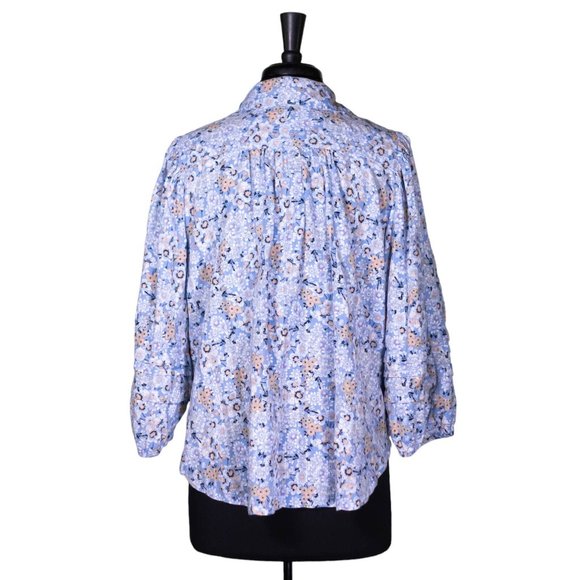 Free People Women's Shirt Button Up Blue Floral Boho Peasant Blouse Top Size L - Picture 2 of 8